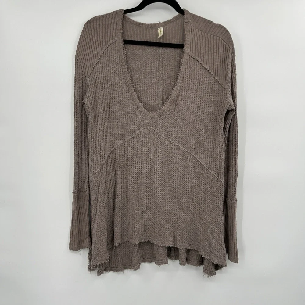 Free People Womens Sunset Park Waffle Knit Tunic Top Sz XS Raw Edges Boho Indie